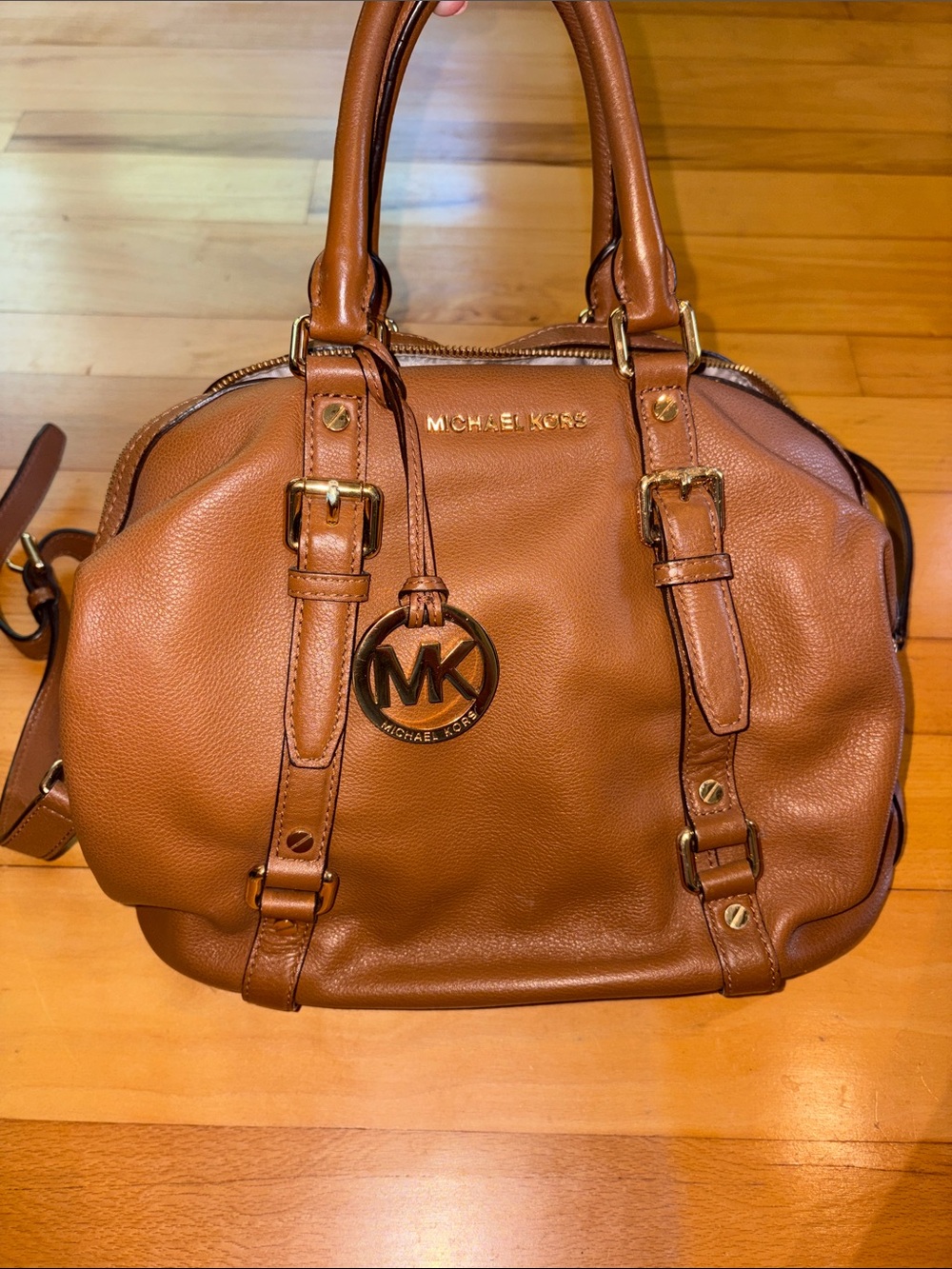 Michael Kors Cognac Brown Pebbled Leather Satchel with MK Charm